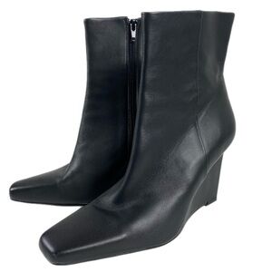 Black Leather Wedge Ankle Boots Women’s Square Toe Side Zip Booties Classic